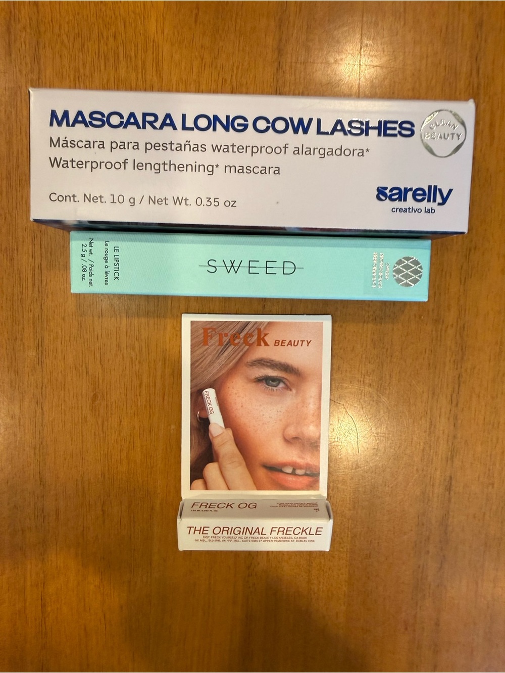 NWT Sarelly Waterproof Mascara, Sweed Beige Rose Lipstick & Original Freckle